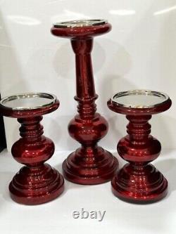 Pottery Barn Red Antique Mercury Glass Pillar Candle Holders set of 3