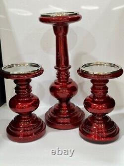 Pottery Barn Red Antique Mercury Glass Pillar Candle Holders set of 3