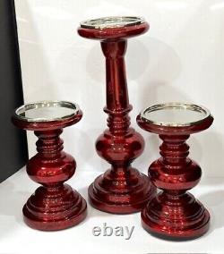 Pottery Barn Red Antique Mercury Glass Pillar Candle Holders set of 3