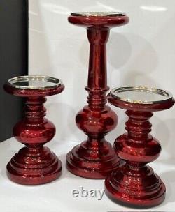 Pottery Barn Red Antique Mercury Glass Pillar Candle Holders set of 3