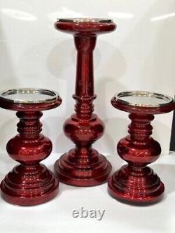 Pottery Barn Red Antique Mercury Glass Pillar Candle Holders set of 3