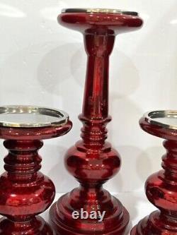 Pottery Barn Red Antique Mercury Glass Pillar Candle Holders set of 3