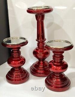 Pottery Barn Red Antique Mercury Glass Pillar Candle Holders set of 3