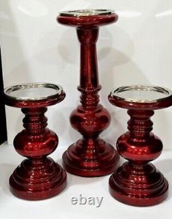 Pottery Barn Red Antique Mercury Glass Pillar Candle Holders set of 3