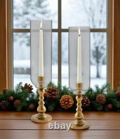 Pottery Barn S/2 Napa Brass Hurricane Taper Candle Holders 12.5 NIB Christmas