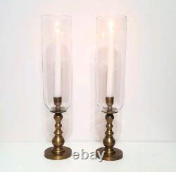 Pottery Barn S/2 Napa Brass Hurricane Taper Candle Holders 12.5 NIB Christmas