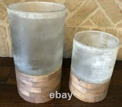 Pottery Barn Wood Frosted Glass Candle Holder Large Medium Set Decor
