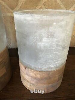 Pottery Barn Wood Frosted Glass Candle Holder Large Medium Set Decor