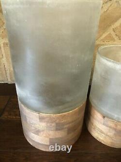 Pottery Barn Wood Frosted Glass Candle Holder Large Medium Set Decor