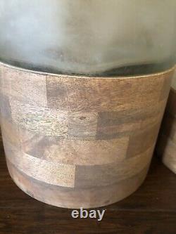 Pottery Barn Wood Frosted Glass Candle Holder Large Medium Set Decor