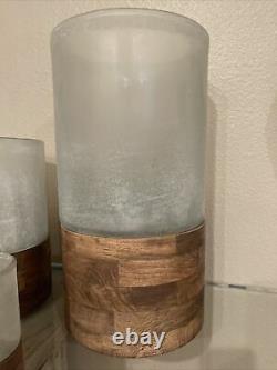 Pottery Barn Wood Frosted Glass Candle Holder Large Medium Small Set Decor