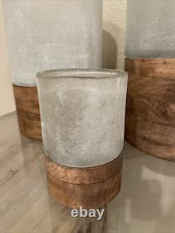 Pottery Barn Wood Frosted Glass Candle Holder Large Medium Small Set Decor