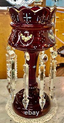 Pr Antique Bohemian Hand Enameled & Gilt Ruby Glass Mantel Lusters 19th Century