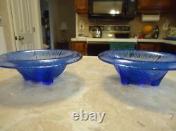 Pr of Cobalt Hazel Atlas Royal Lace Depression Glass Rolled Edge Candle Holders