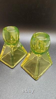 Pristine Vaseline Uranium Candle Holders. Set of 2 Tapered Candle Holders Rare