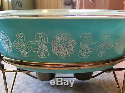 Pyrex Turquoise Lace Medallion 2.5 qt with Cradle Holder Candle Warmer with LID
