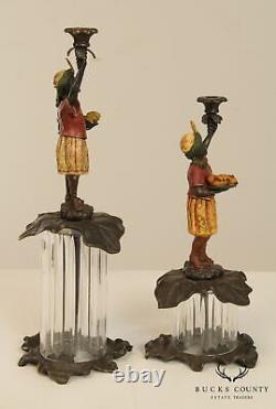 Quality Pair Painted Bronze Figural Candle Holders