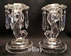 RARE! 2 ANTIQUE INDIANA GLASS DOLPHIN CANDLE HOLDER WITH PRISMS CANDLESTICK 40's