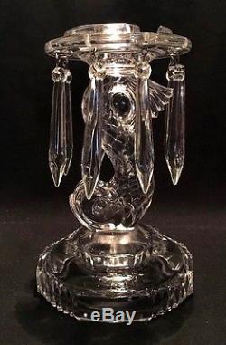 RARE! 2 ANTIQUE INDIANA GLASS DOLPHIN CANDLE HOLDER WITH PRISMS CANDLESTICK 40's