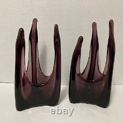 RARE 2 Vtg 9.25 Amethyst Purple Viking Candle Holders Swung Glass 3 Finger Foil