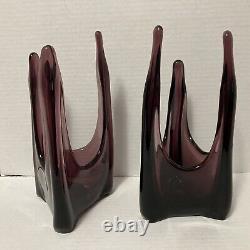 RARE 2 Vtg 9.25 Amethyst Purple Viking Candle Holders Swung Glass 3 Finger Foil