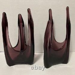 RARE 2 Vtg 9.25 Amethyst Purple Viking Candle Holders Swung Glass 3 Finger Foil