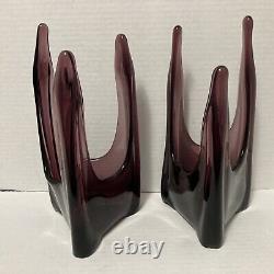 RARE 2 Vtg 9.25 Amethyst Purple Viking Candle Holders Swung Glass 3 Finger Foil