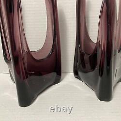 RARE 2 Vtg 9.25 Amethyst Purple Viking Candle Holders Swung Glass 3 Finger Foil