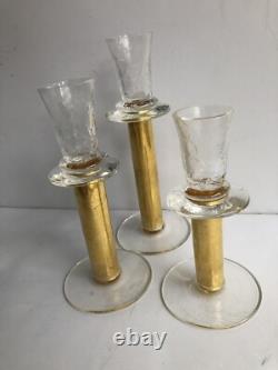 RARE 3 Union Street Hand Blown Glass Candle Holders GOLD Signed Candlesticks