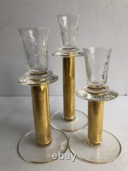 RARE 3 Union Street Hand Blown Glass Candle Holders GOLD Signed Candlesticks