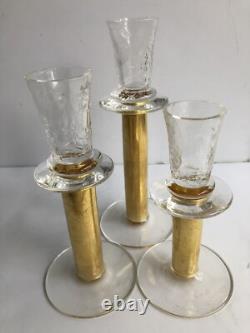 RARE 3 Union Street Hand Blown Glass Candle Holders GOLD Signed Candlesticks