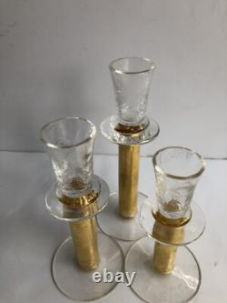 RARE 3 Union Street Hand Blown Glass Candle Holders GOLD Signed Candlesticks