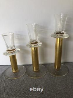 RARE 3 Union Street Hand Blown Glass Candle Holders GOLD Signed Candlesticks