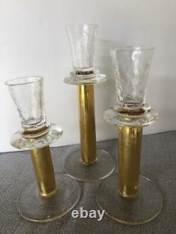 RARE 3 Union Street Hand Blown Glass Candle Holders GOLD Signed Candlesticks