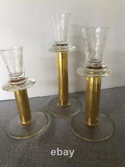 RARE 3 Union Street Hand Blown Glass Candle Holders GOLD Signed Candlesticks