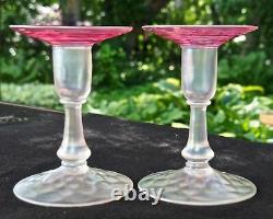 RARE Carder Steuben Verre De Soie Gold Ruby Threaded Iridescent CANDLESTICK PAIR