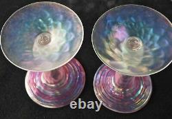 RARE Carder Steuben Verre De Soie Gold Ruby Threaded Iridescent CANDLESTICK PAIR