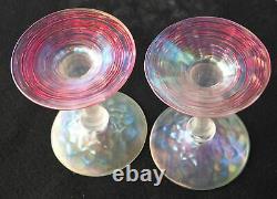 RARE Carder Steuben Verre De Soie Gold Ruby Threaded Iridescent CANDLESTICK PAIR