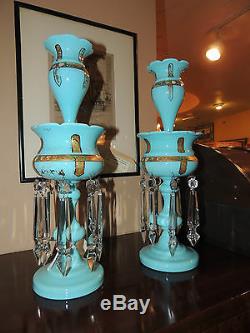 RARE Gilt Glass Candle Holder LUSTERS with Crystals & Gems Removable Tops