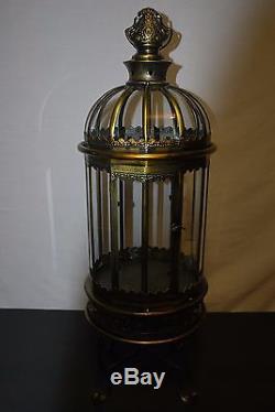 RARE Large 3' Antique Vintage Gold Metal & Glass Rectangle Lantern Candle Holder