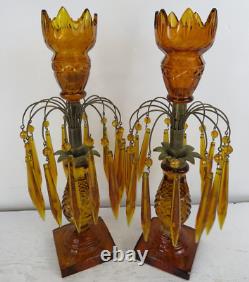 RARE Pair Antique Amber cut Glass Candlesticks prisms 12in