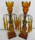 Rare Pair Antique Amber Cut Glass Candlesticks Prisms 12in