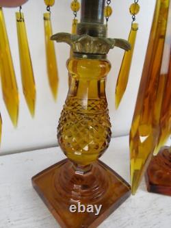 RARE Pair Antique Amber cut Glass Candlesticks prisms 12in
