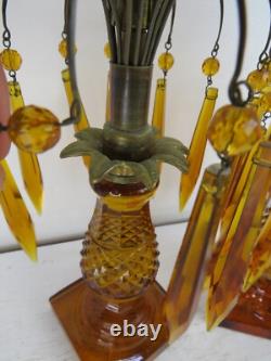 RARE Pair Antique Amber cut Glass Candlesticks prisms 12in