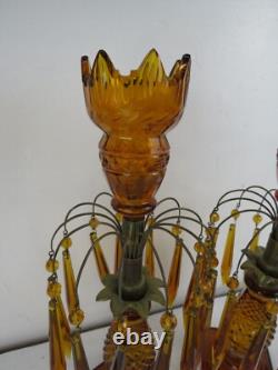 RARE Pair Antique Amber cut Glass Candlesticks prisms 12in