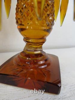 RARE Pair Antique Amber cut Glass Candlesticks prisms 12in