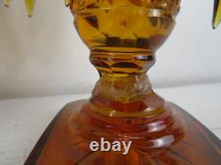 RARE Pair Antique Amber cut Glass Candlesticks prisms 12in