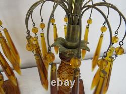RARE Pair Antique Amber cut Glass Candlesticks prisms 12in