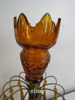 RARE Pair Antique Amber cut Glass Candlesticks prisms 12in