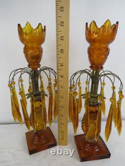 RARE Pair Antique Amber cut Glass Candlesticks prisms 12in